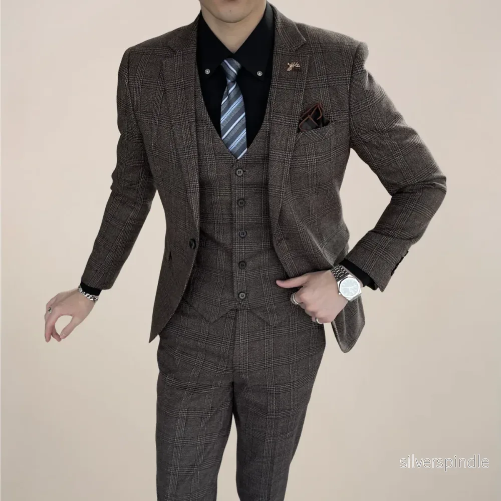 Elegant Tredelad Kostym Herr med Slim Fit och Rutmönster | Perfekt för Affärsmöten och Sociala Evenemang - Bild 3