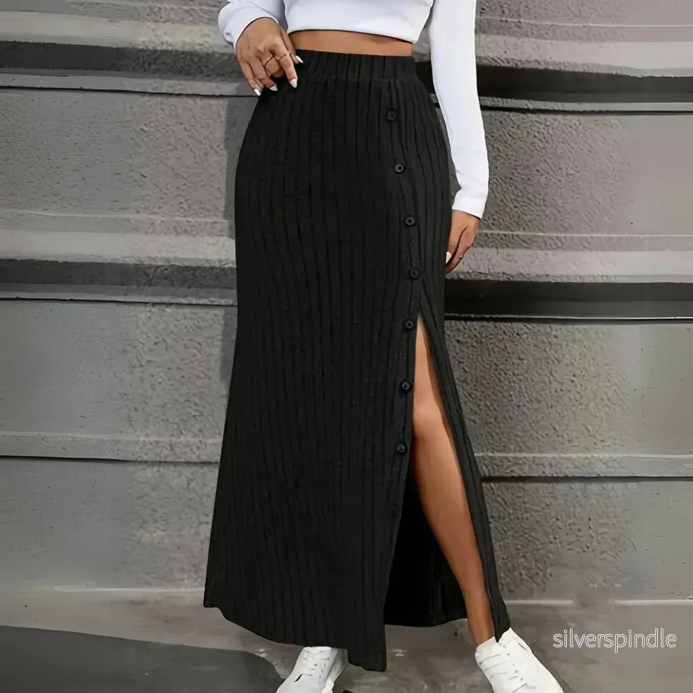 Elegant Ribbad Maxikjol | Hög Midja med Sidoslits för Bekväm Stil Elegant Ribbad Maxikjol | Hög Midja med Sidoslits för Bekväm Stil