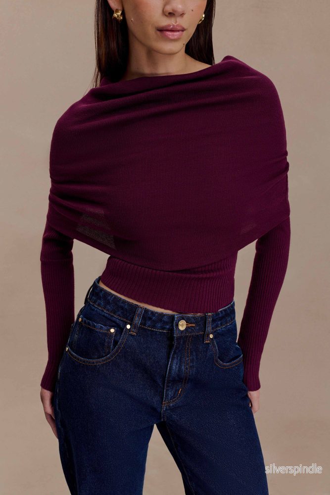 Liam | Elegant Asymmetrical Off-Shoulder Long Sleeve Top in Bordeaux Liam | Elegant Asymmetrical Off-Shoulder Long Sleeve Top in Bordeaux