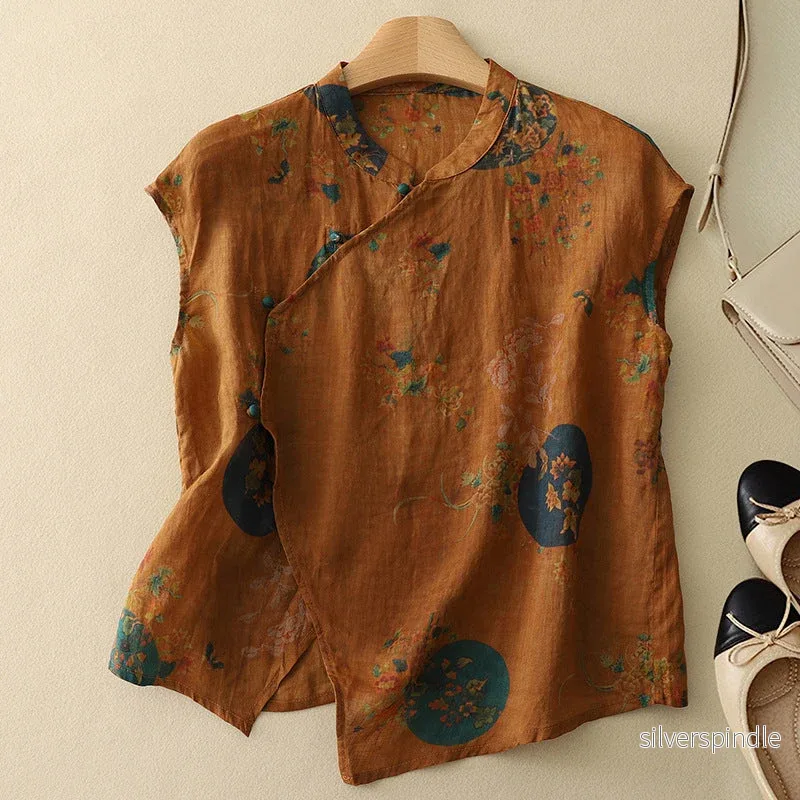 Emma | Vintage Blus med Blommönster och Mandarinfärgad Halsringning - Bild 2
