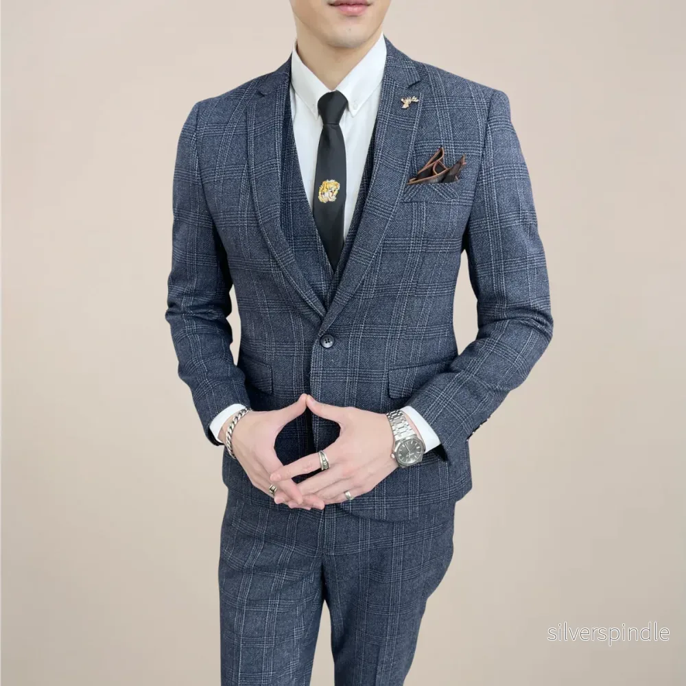 Elegant Tredelad Kostym Herr med Slim Fit och Rutmönster | Perfekt för Affärsmöten och Sociala Evenemang - Bild 2
