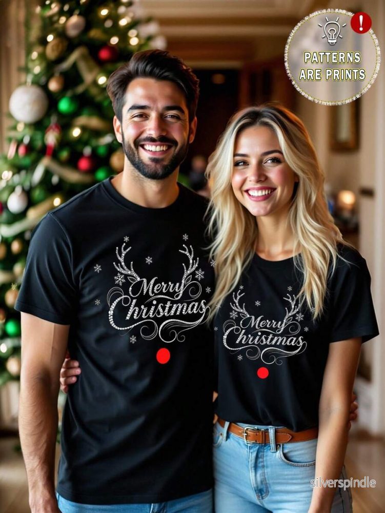 Elegant Jul T-shirt Set | Unisex Svart T-shirt med Rolig Julgrafik | Bekväm Passform för Par - Bild 3