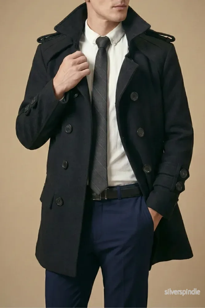 Elegant Trenchcoat Män | Dubbelknäppt Ull Design för Mångsidig Klädsel och Komfort