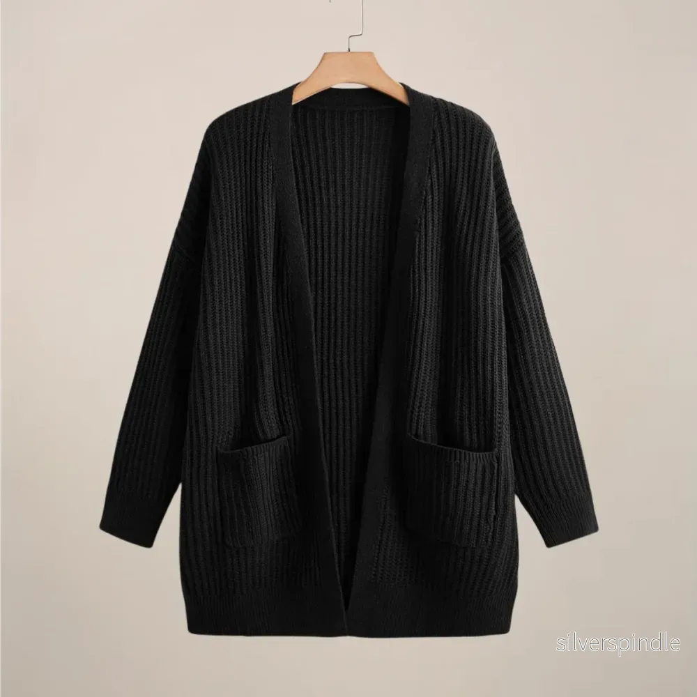 Lång Kofta | Stickad Öppen Cardigan med Ribbade Detaljer | Mångsidig Layering för Komfort - Bild 3