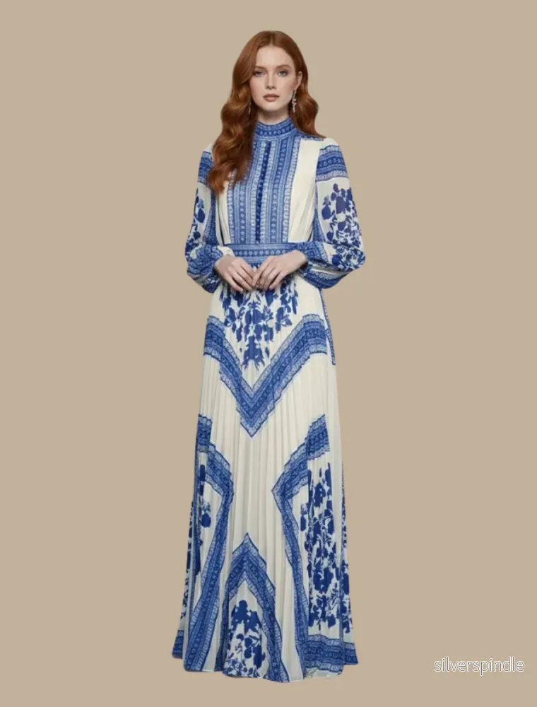 Elegant Aftonklänning Lång | Plisserad Maxi Klänning med Hög Hals | Perfekt för Formella Tillfällen - Bild 3