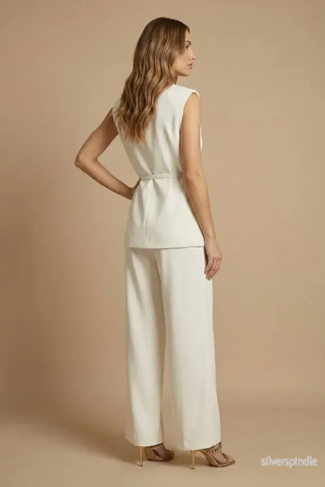 Elegant Tvådelat Set Dam med Ärmlös Topp och Vida Ben Byxor | Modern Design för Formella Tillfällen - Bild 3