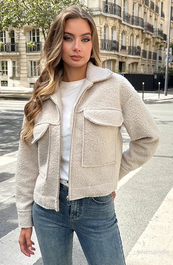 Emily | Oversized Beige Teddy Bomberjacka För Hösten - Bild 3