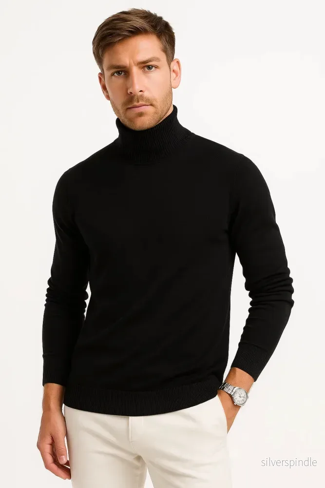 Elegant Herr Tröja | Slim Fit Ullpullover med Hög Krage | Värmande Design för Stil och Komfort - Bild 2