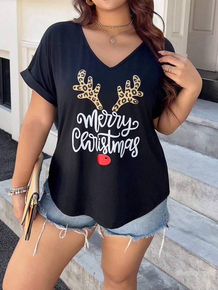 Elegant Jultröja | V-ringad T-shirt med Festlig Grafik | Chic Svart Design för Säsongens Stil - Bild 3