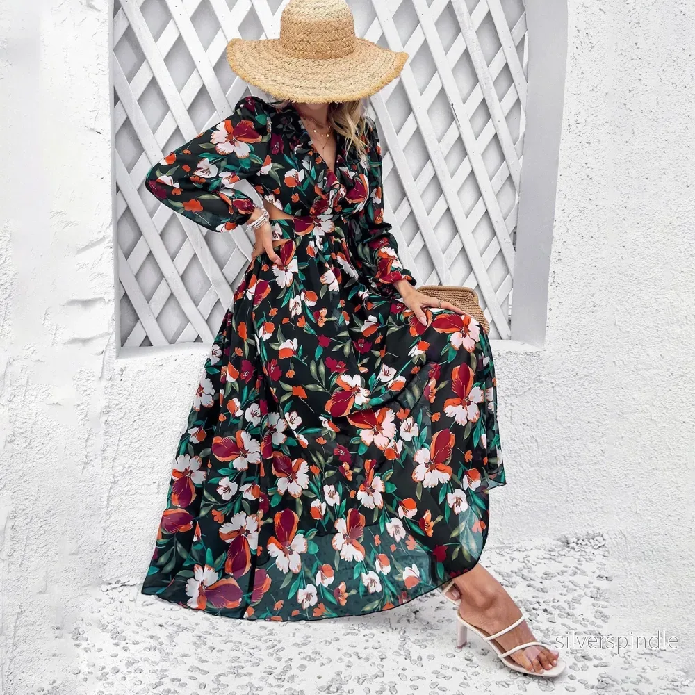 Mia | Elegant Långärmad Klänning med Blommönster för Fest - Bild 3
