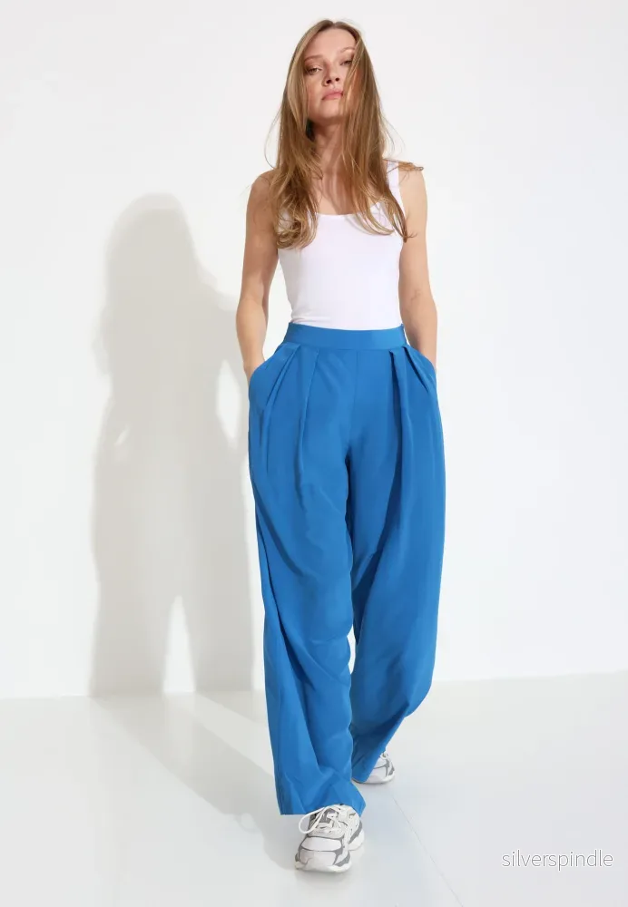 SILK WIDE LEG TROUSERS 03669 - Blå - Bild 2