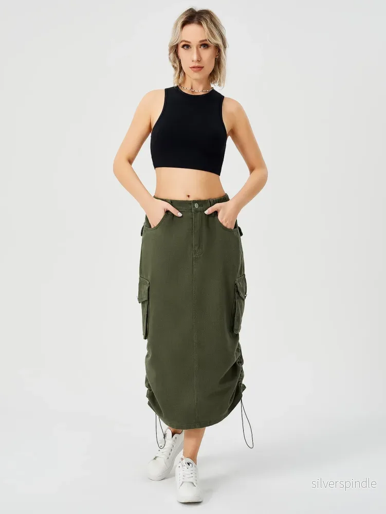 Emma | Hög Midja Cargo Midi Kjol med Slits Emma | Hög Midja Cargo Midi Kjol med Slits