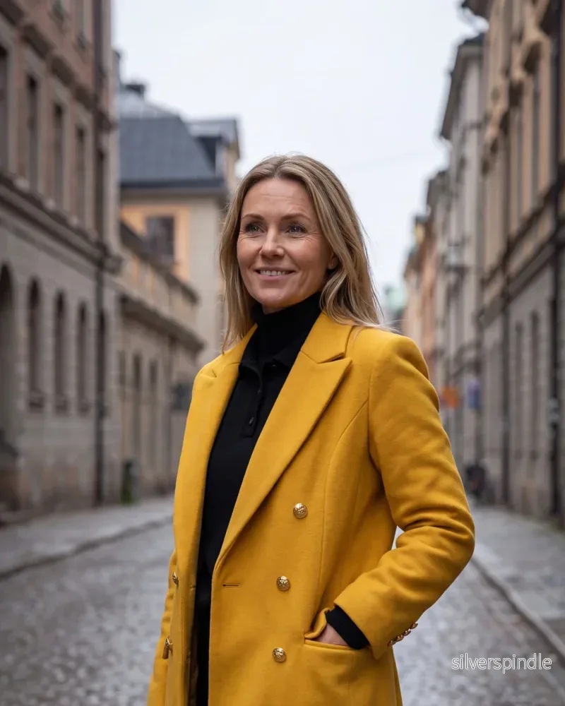 Elegant Kappa | Dubbelknäppt Lång Kappa för Kvinnor med Fickor | Trendig Gul Färg för Vinterstyl