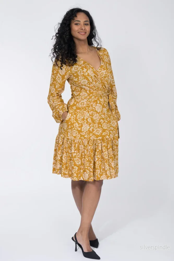 Frill short wrap jersey dress – Ochre Frill short wrap jersey dress – Ochre