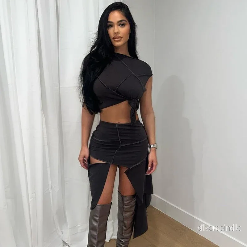 Emma | Enfärgad Ärmlös Crop Top och Mellanlång Kjol - Bild 2