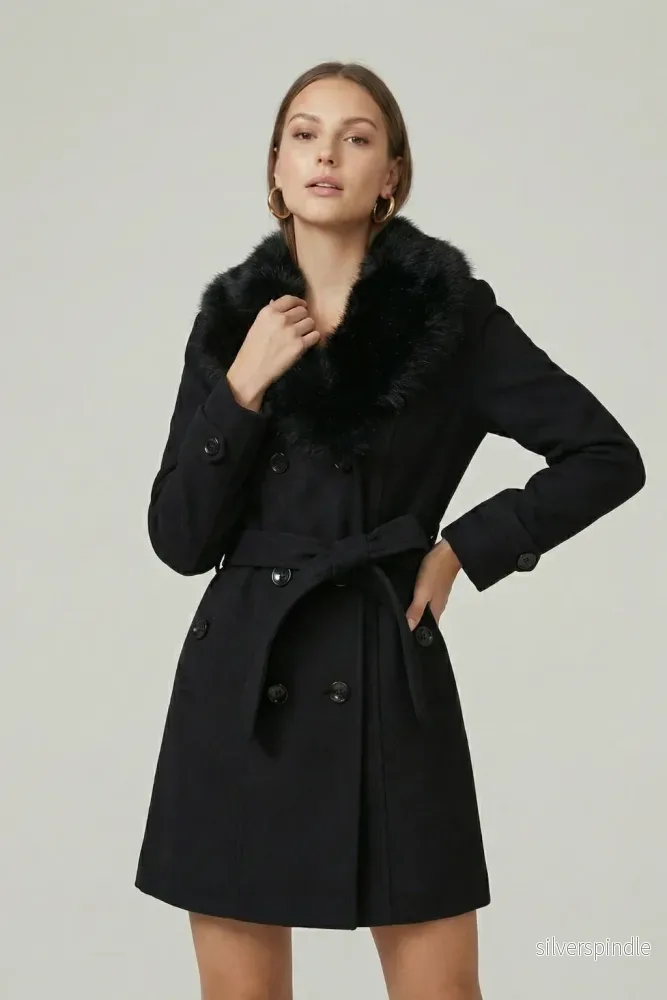 Elegant Svart Trenchcoat för Kvinnor med Fuskpäls och Midjebälte | Tidlös Design för Kalla Månader - Bild 3