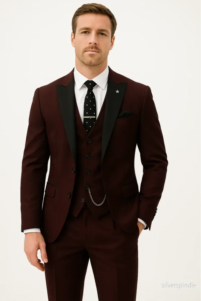 Elegant Tredelad Kostym Herr i Burgundy med Slimmad Passform | Perfekt för Affär och Bröllop Elegant Tredelad Kostym Herr i Burgundy med Slimmad Passform | Perfekt för Affär och Bröllop