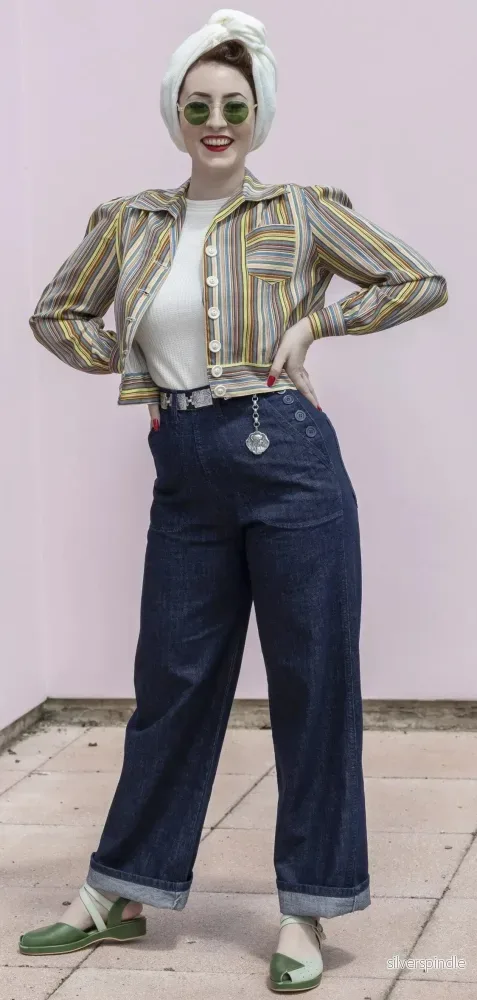 1940-tals jeans med knappar - mörkblå denim - Bild 3
