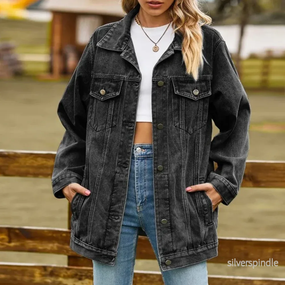 Elegant Jeansjacka Dam | Svart Denimjacka med Praktiska Fickor | Tidlös Stil för Varje Tillfälle
