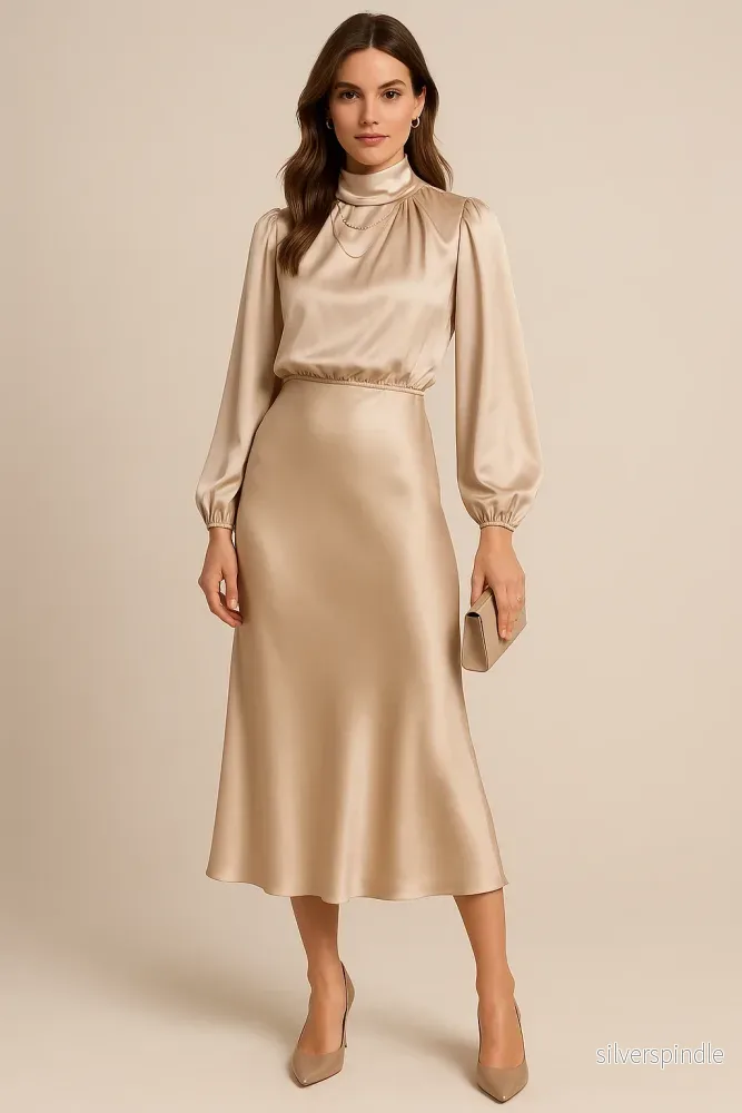 Elegant Midiklänning Dam med Hög Hals och Draperad Silhuett för Sofistikerad Look - Bild 3