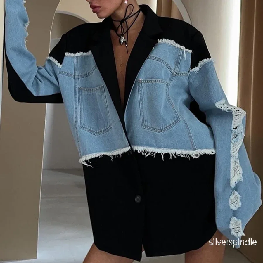 Sofia | Trendig Kontrastfärgad Höstjacka Dam i Denim - Bild 2