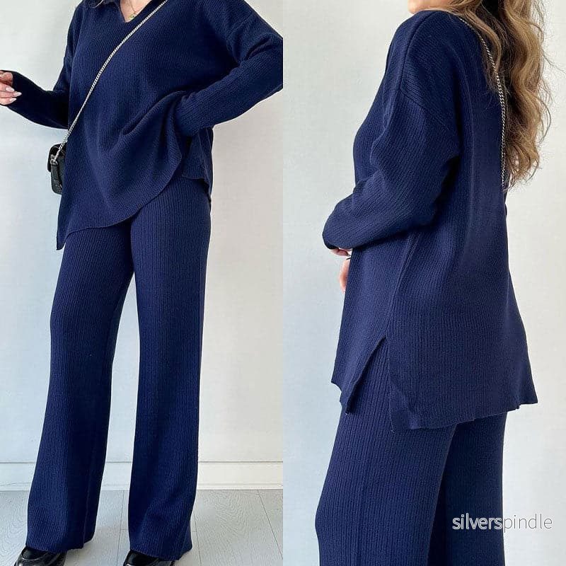 Mia | Elegant Tvådelat Set Dam med V-Ringad Topp och Vida Benbyxor - Bild 3