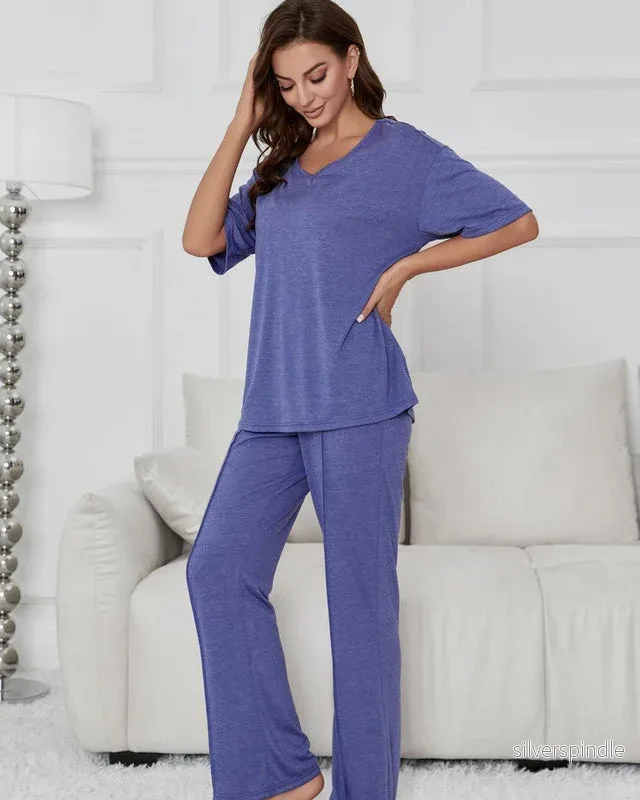 Ava | Lätt Vårpyjamas-set med Kortärmad Top och Hellånga Byxor - Bild 2