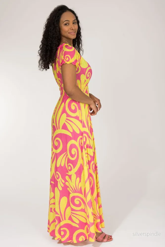 Drawstring dream maxi jersey dress - Pink-Yellow
