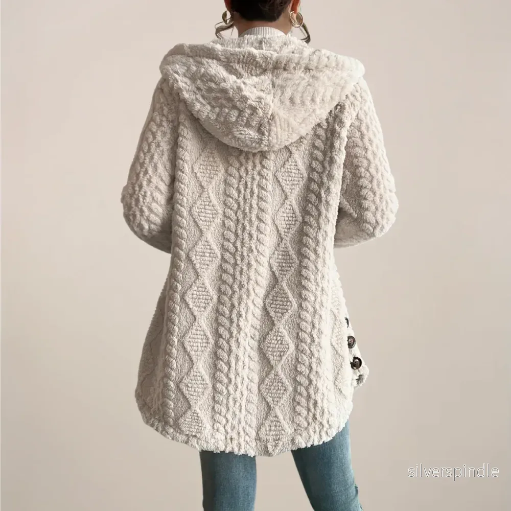 Elegant Huvjacka | Plysch Jacquardjacka med Sidoknappar | Avslappnad Stil för Värme och Komfort - Bild 3