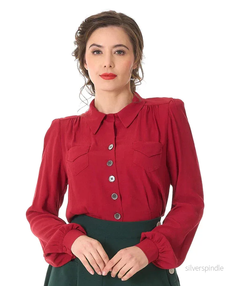 Sweetheart Skjortblus i vintagestil - Cranberry - Bild 2