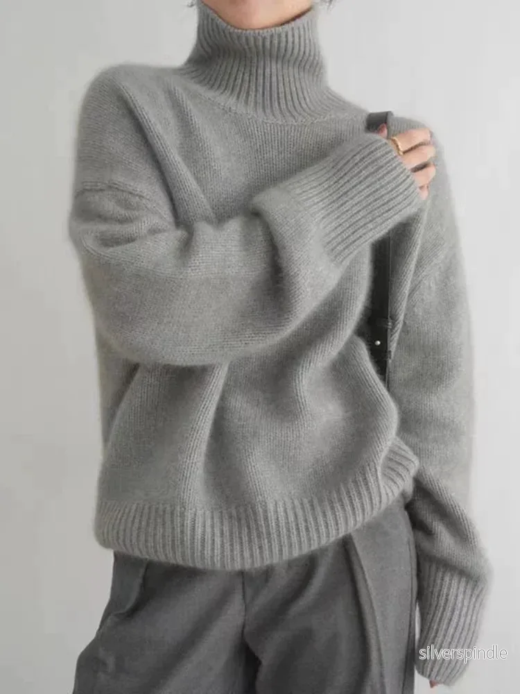 Elegant Oversized Stickad Dam Tröja med Rullhals och Ribbstickad Design för Bekväm Värme - Bild 2