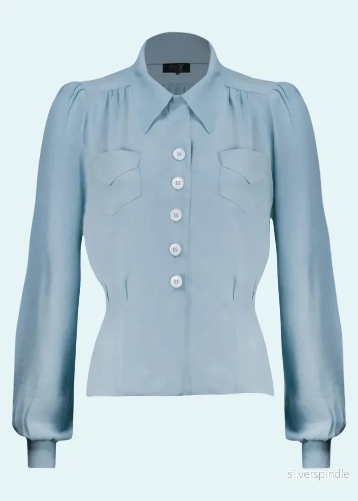 Sweetheart skjortblus i vintagestil – ljusblått