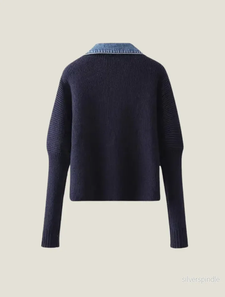 Elegant Stickad Kofta med Knappframsida och Jeansstil Trim | Mångsidig Design för Avslappnad Elegans - Bild 2