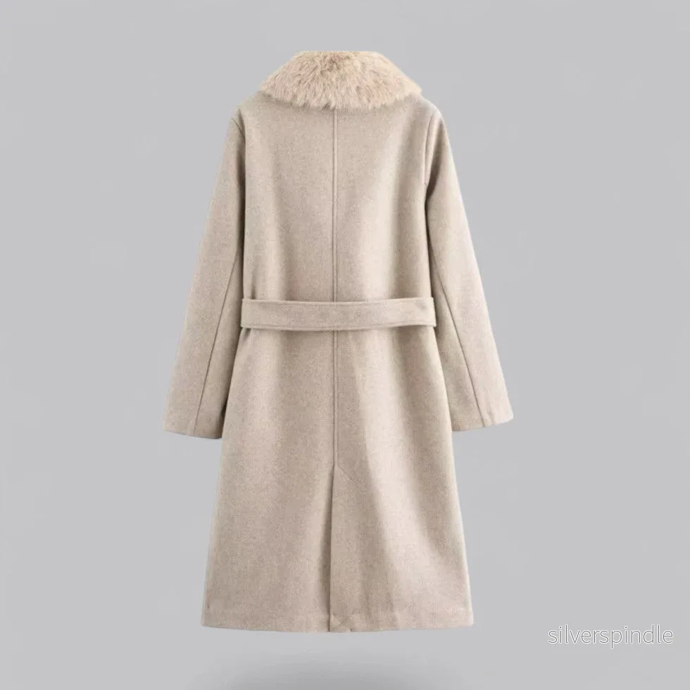 Elegant Trenchcoat för Kvinnor | Dubbelknäppt Design med Fuskpälskrage | Stilren Långlinjekappa för Mångsidig Användning - Bild 2