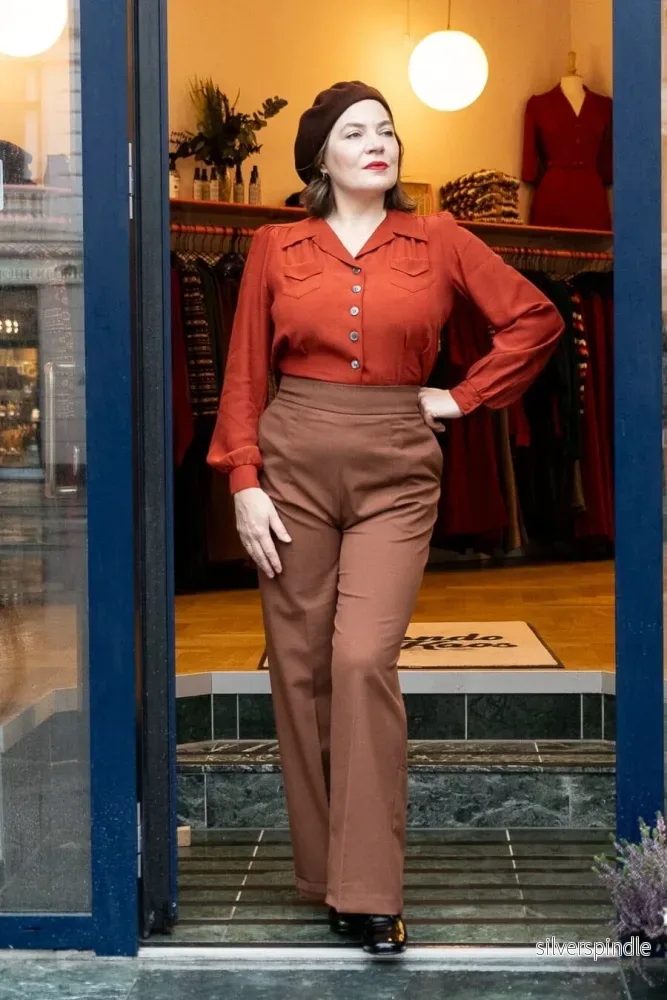 Sweetheart skjortablus i vintagestil - rostfärg - Bild 2