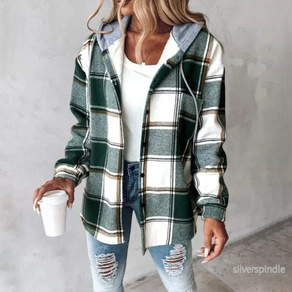 Sophie | Praktisk Höstjacka Dam Med Hoodie och Rutmönster - Bild 2
