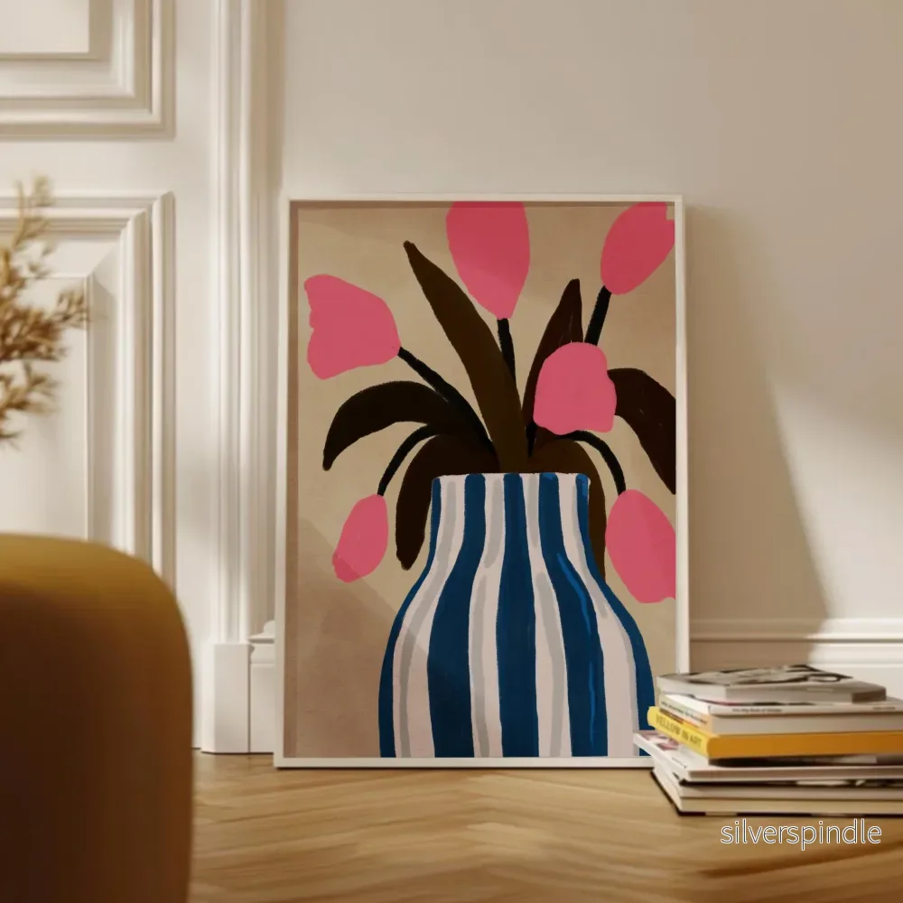 Botanisk Poster Rosa Tulpaner i Blårandig Vas
