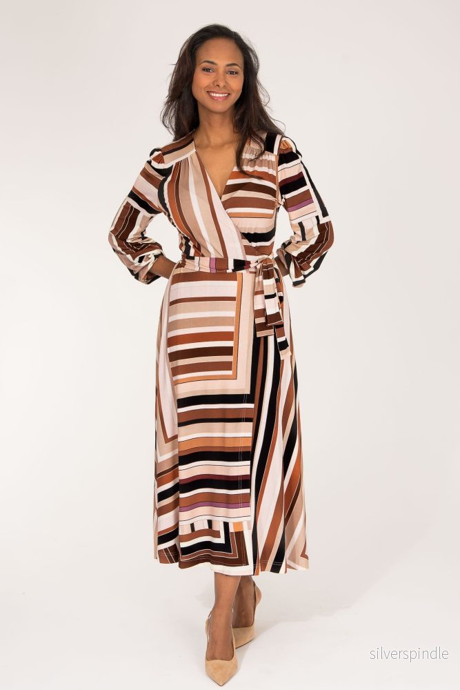 Puff sleeve midi wrap jersey dress – Brown printed