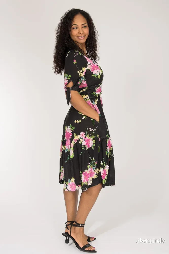 Flowy short jersey dress - Black Flower - Bild 2
