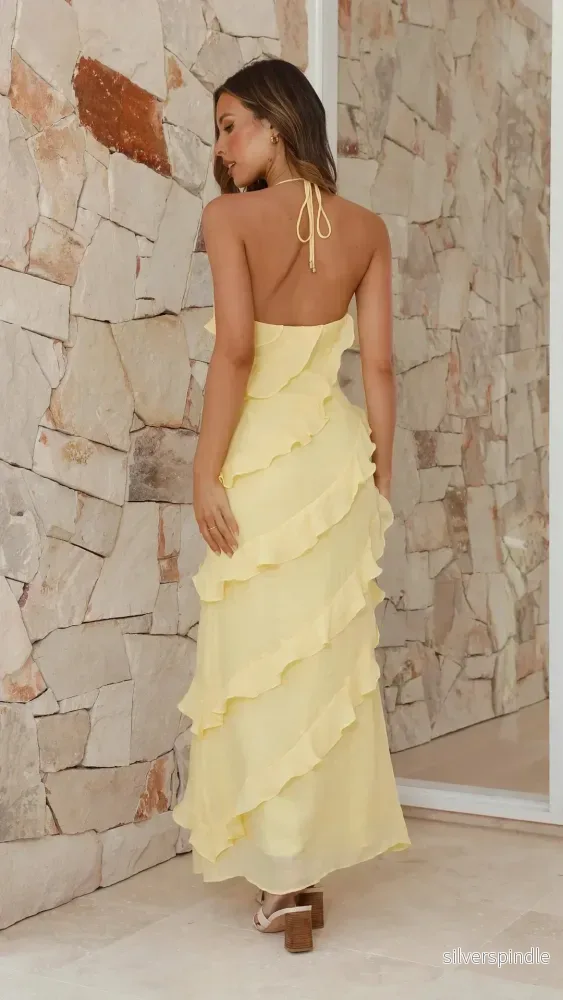 Elegant Maxiklänning Dam med Halter Neck & Kaskadvolanger | Lång Klänning för Bröllop och Fester - Bild 2