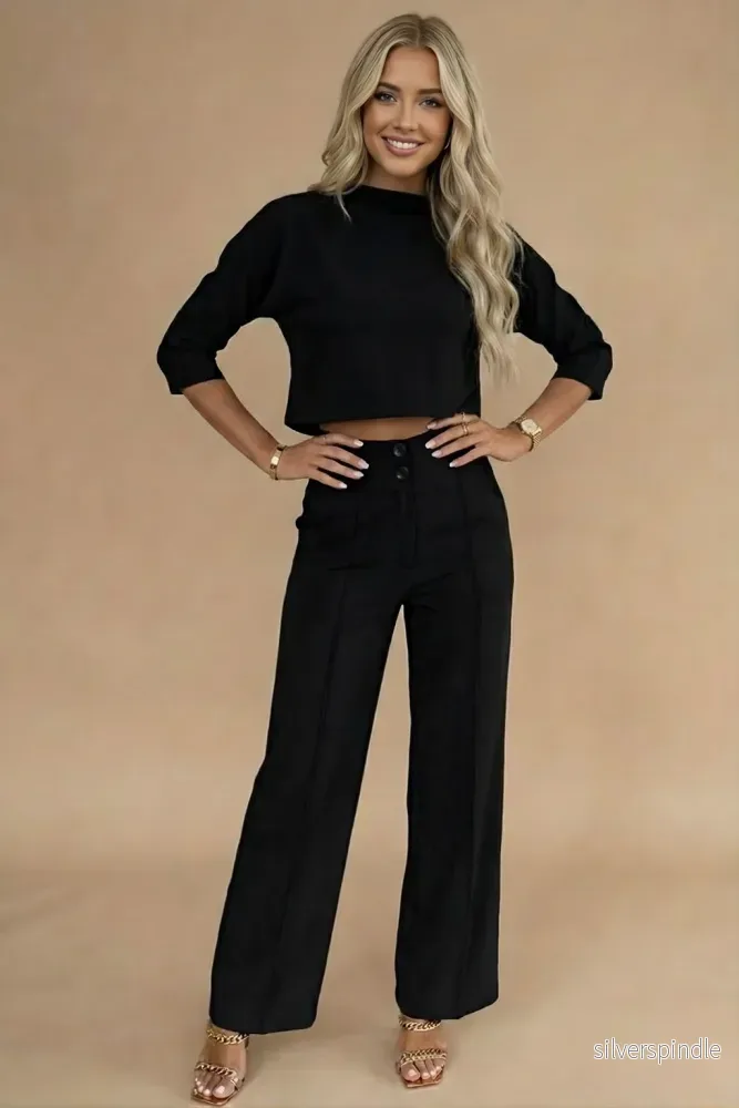 Elegant Tvådelat Set Dam | Långärmad Croptop & Högmidjade Byxor för Stilfulla Tillfällen - Bild 3