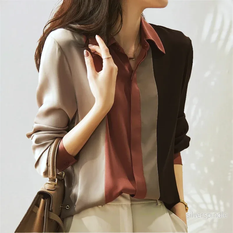 Elegant Blus Dam | Färgblock Blus med Modern Patchwork Design | Bekväm Kontorsblus för Stil och Mångsidighet - Bild 3