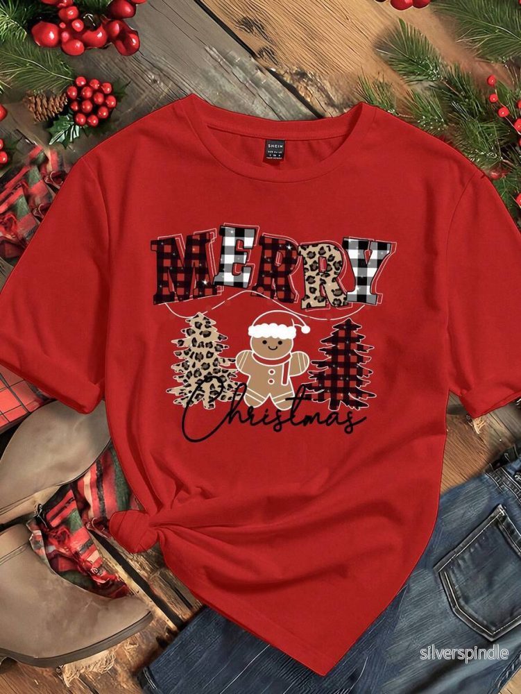 Jultröja för Damer | Jul-T-shirt med Pepparkaksgubbe & Rutigt Mönster | Bekväm och Söt för Festligheter Jultröja för Damer | Jul-T-shirt med Pepparkaksgubbe & Rutigt Mönster | Bekväm och Söt för Festligheter