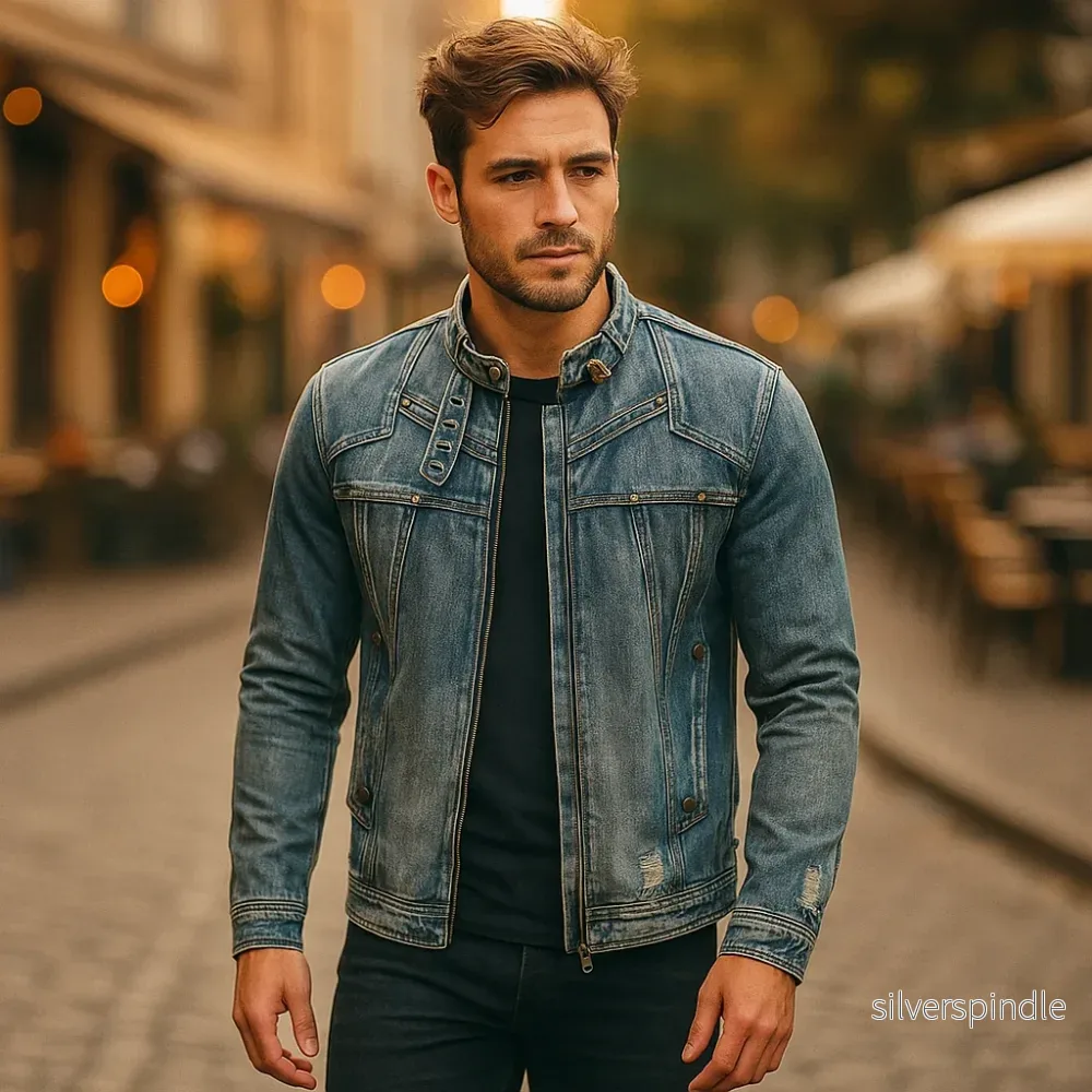 Ethan | Robust Moto-Inspirerad Denimjacka med Ståkrage Ethan | Robust Moto-Inspirerad Denimjacka med Ståkrage