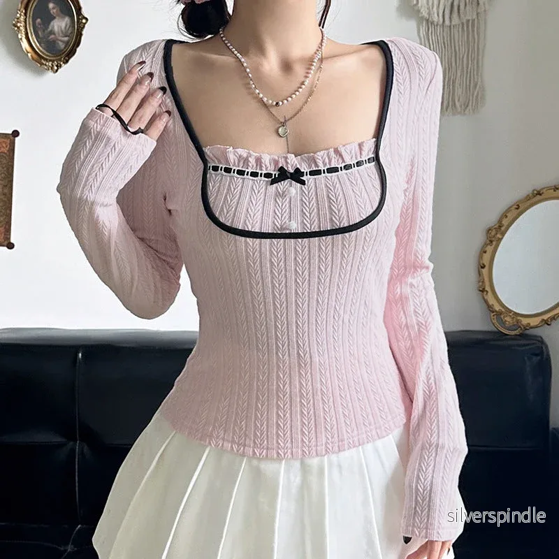 Emma | Slim Fit Långärmad T-Shirt med Rosett Detalj - Bild 3