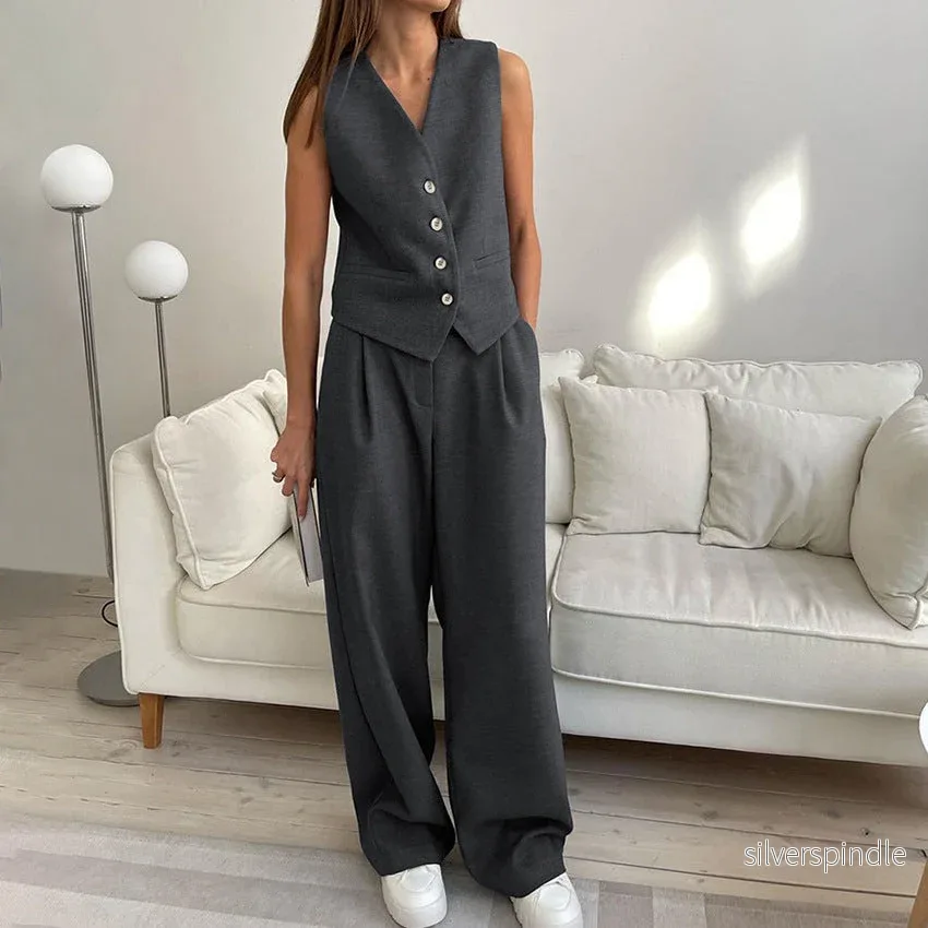 Elegant Tvådelat Set Dam med Vida Ben och Knappdetaljer | Mångsidig Outfit för Alla Tillfällen Elegant Tvådelat Set Dam med Vida Ben och Knappdetaljer | Mångsidig Outfit för Alla Tillfällen