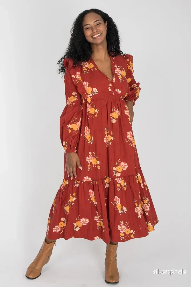 Flounce dobby midi dress – Red Flower Flounce dobby midi dress – Red Flower