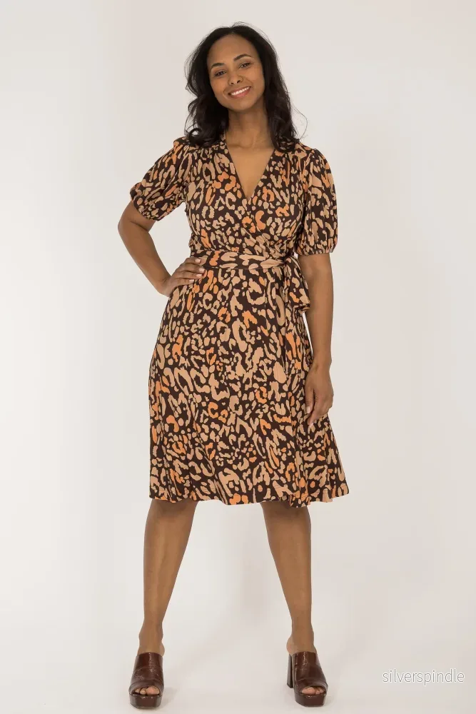 Puff sleeve short wrap jersey dress – Brown Puff sleeve short wrap jersey dress – Brown