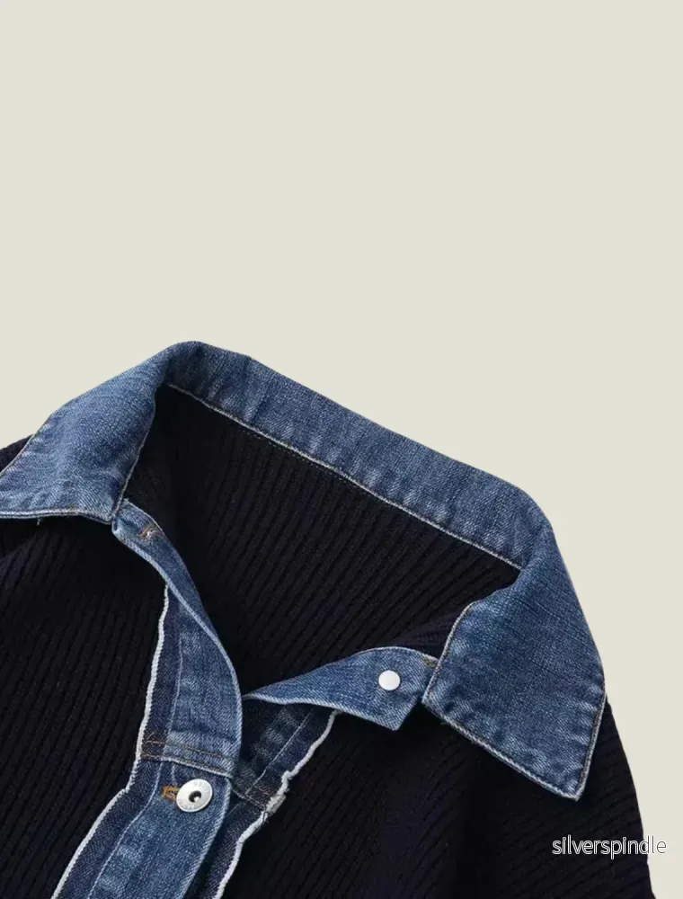 Elegant Stickad Kofta med Knappframsida och Jeansstil Trim | Mångsidig Design för Avslappnad Elegans - Bild 3