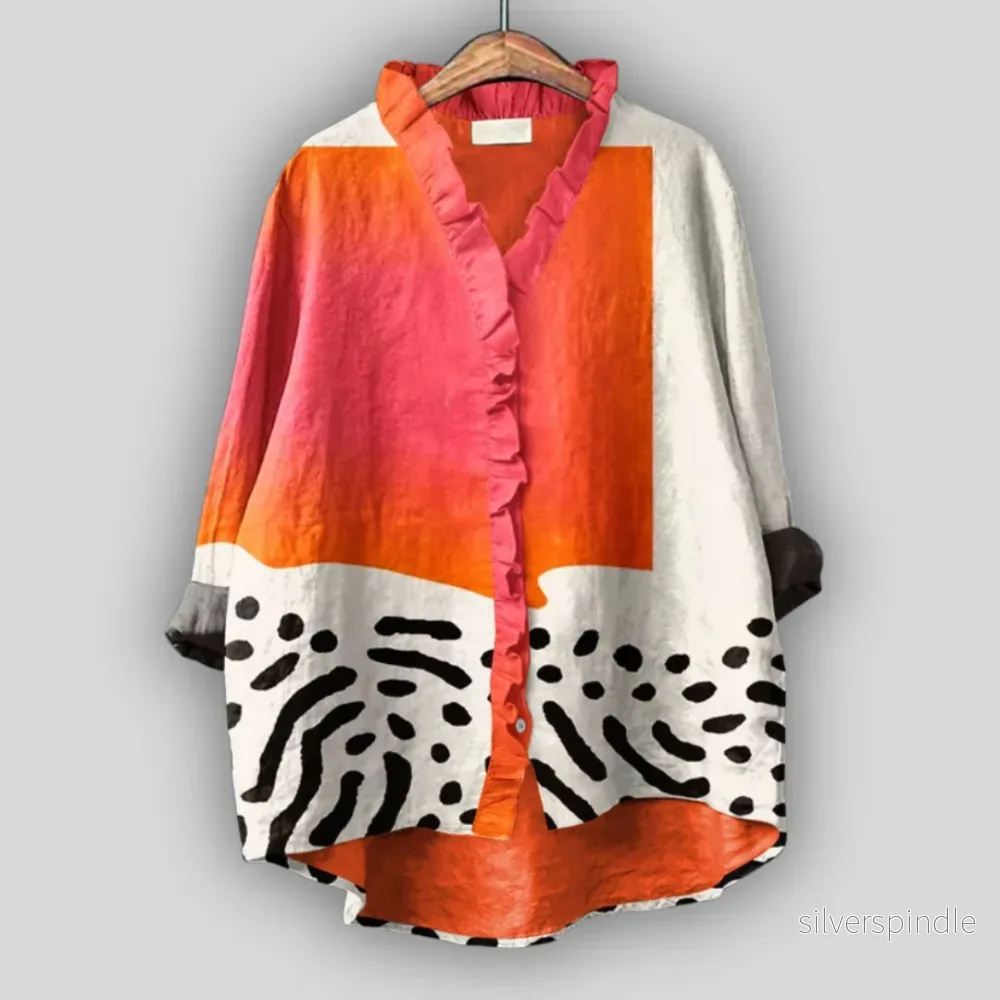 Sofia | Färgglad Långärmad Blus Med Volanger och Asymmetrisk Design Sofia | Färgglad Långärmad Blus Med Volanger och Asymmetrisk Design